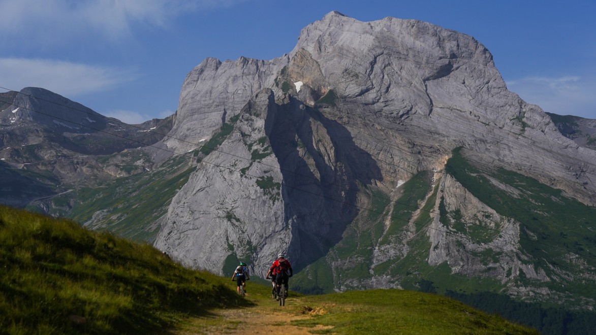 View on the mountain ridges above the Col du Soulor in the central Pyrenees.