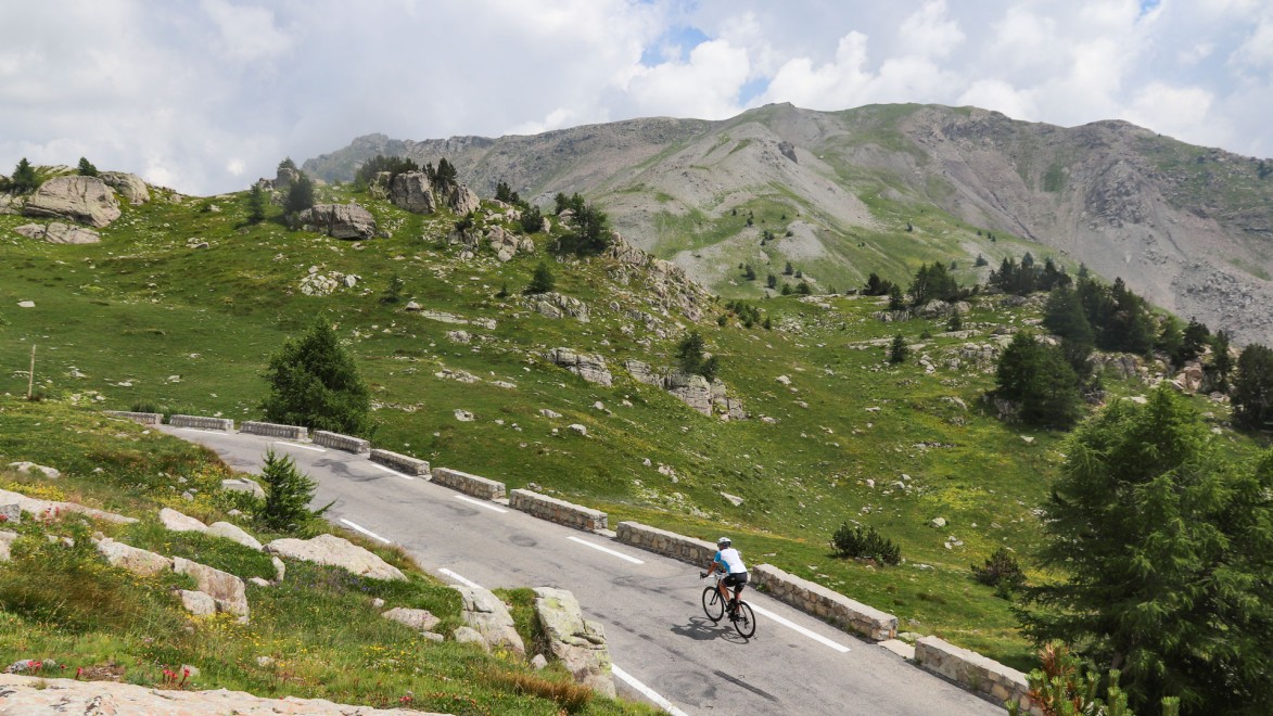 road cyclist on the road toward le col de la Cayolle Provence Cote d'Azur Alps